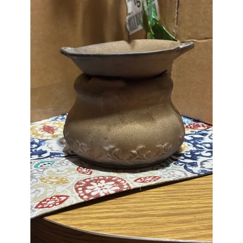 Ceramic Cauldron Tea Light Oil Wax Warmer Bronze Embossed Scroll 3-Piece Set
